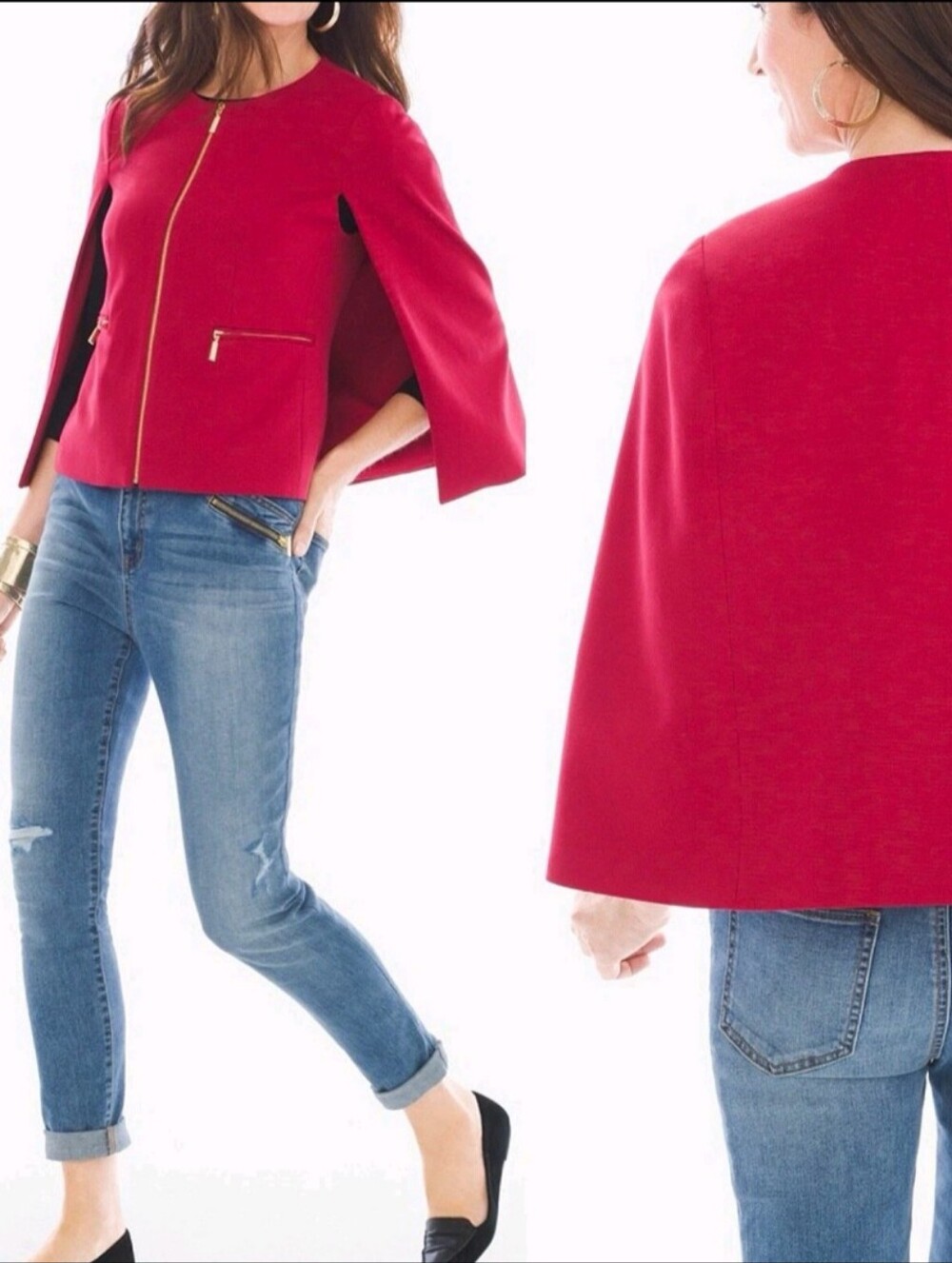 Red Zip-Front Cape Jacket